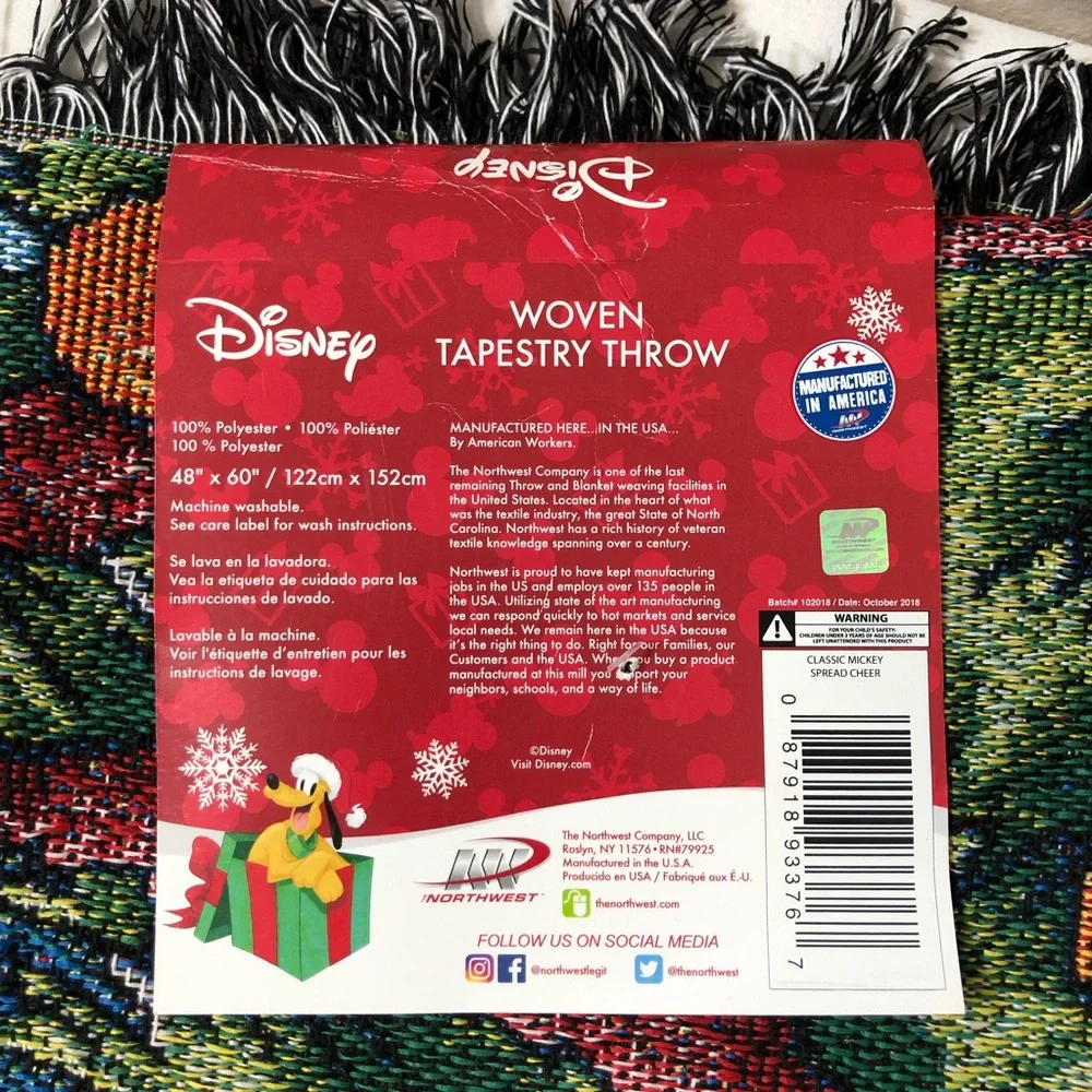 Disney Mickey Mouse Made USA Holiday Cheer Woven Tapestry Throw 48x60 Inch